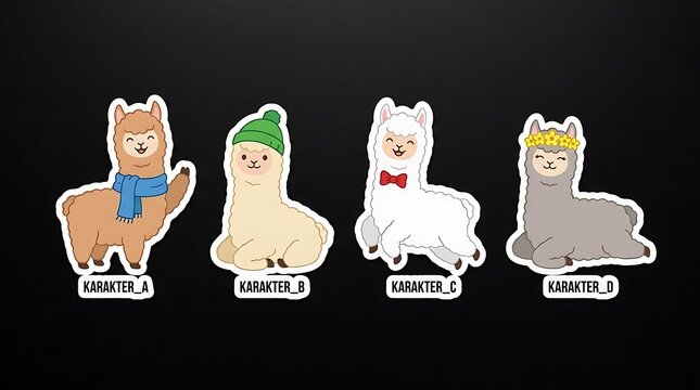 Four cute cartoon alpacas with winter accessories.