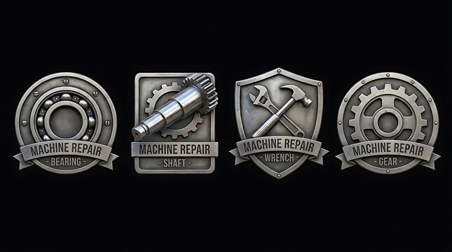 Four metallic industrial machine repair badges.