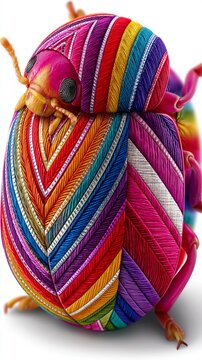 A colorful beetle with rainbow striped patterns on its shell against a white background.