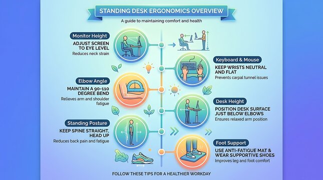 Standing desk ergonomics overview infographic for a healthy workplace