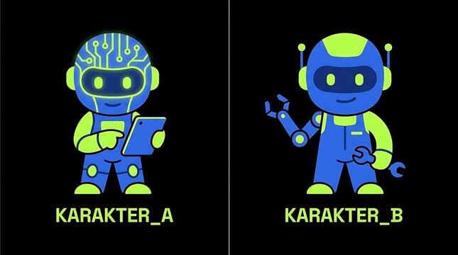 Futuristic blue and green robot character mascots.