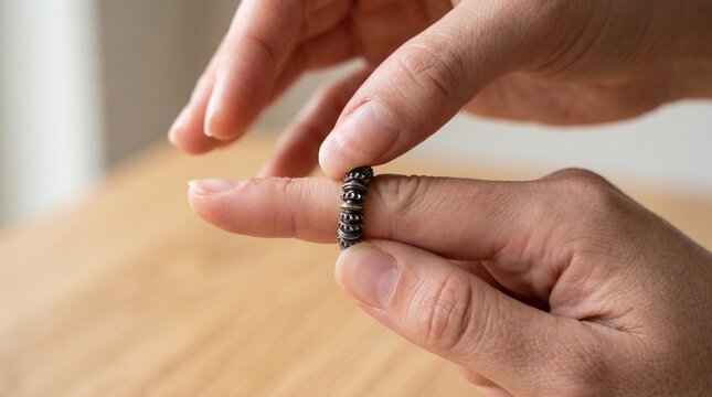 Human hands holding a detailed metallic textured ring on wooden table