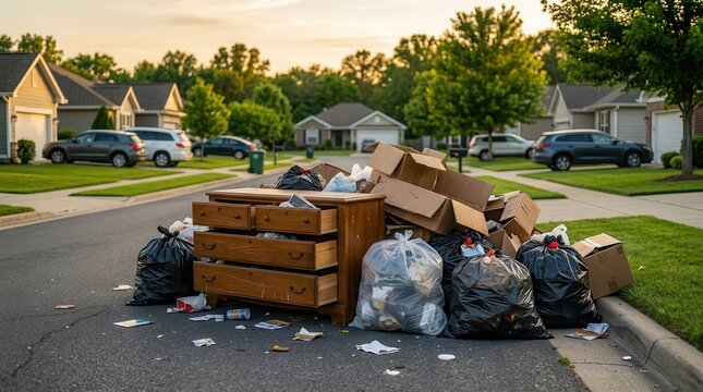 Discarded possessions and trash piled high on a suburban street at sunset illustrating overconsumption.