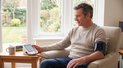 Fototapeta premium Middle aged man checks blood pressure at home