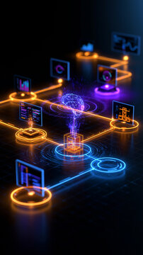Clean diagram illustrating an artificial intelligence agent orchestration workflow showing data ingestion predictive analytics computer vision decision making action execution