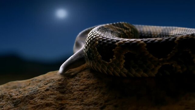 Coiled Snake on Rock at Night under Moonlight Close Up of Scales