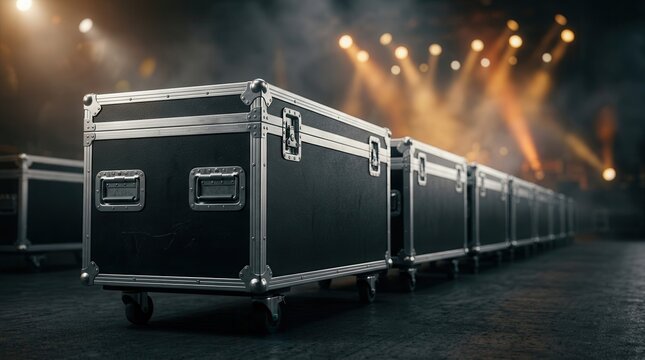 Road cases lined up backstage ready for a concert tour.