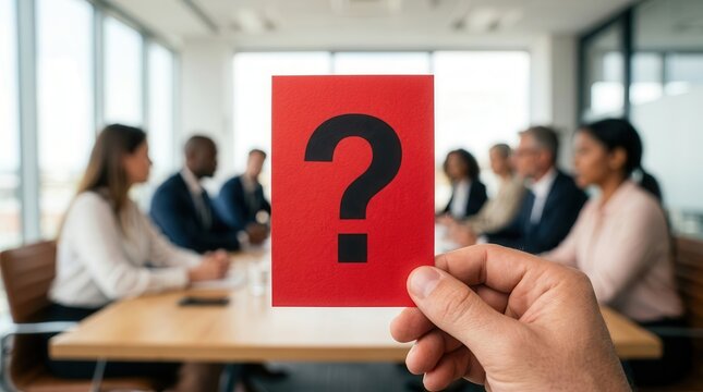 A red card with a question mark held in front of a board meeting representing uncertainty.