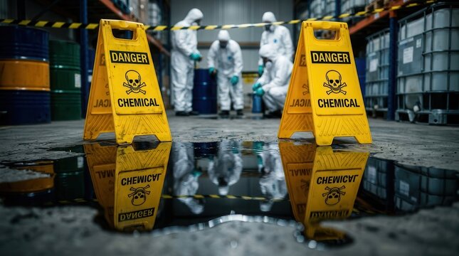 Hazardous chemical spill response in a warehouse featuring safety measures and reflective warning signs.