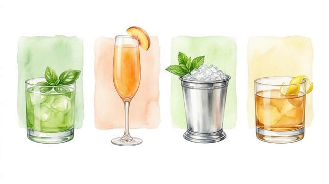 Watercolor cocktail illustrations featuring Gin Basil Smash, Bellini, Mint Julep, and Penicillin with garnish.