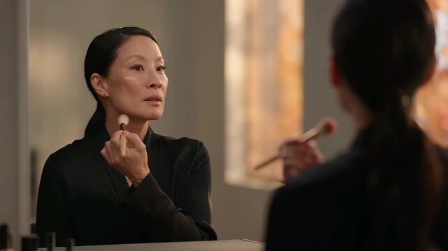 Elegant mature Asian woman applying powder blush with a makeup brush while looking in a vanity mirror