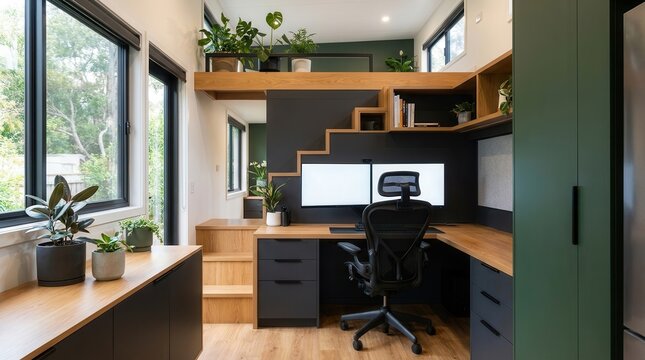 Contemporary small house interior design featuring a multifunctional office area with double-duty furniture.