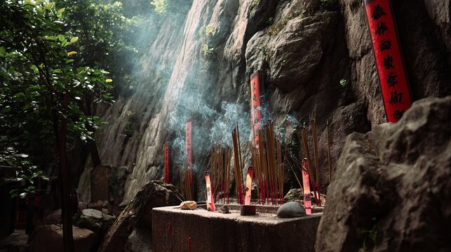 Mystical stone cliffside reveals vibrant incense smoke rising, creating serene, spiritual atmosphere, perfect for cultural concept
