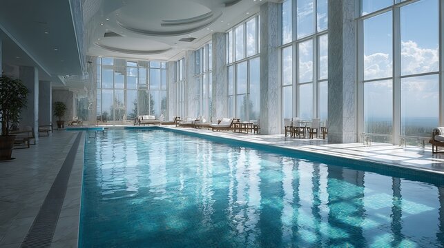 Luxurious interior showcases a serene blue swimming pool alongside expansive windows, embodying modern elegance and tranquil views