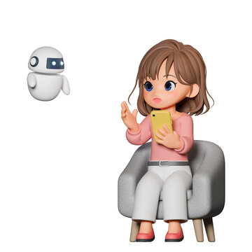 3D CG｜ソファに座ってAIと友達のように楽しそうに話す茶髪の若い女性