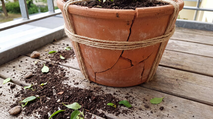 Fototapeta premium Terracotta plant pot breaking, held together with rope, symbolizing repair, resilience, and growth