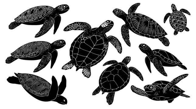 Black sea turtle vector illustration set with detailed shell patterns