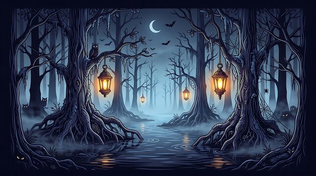 Eerie foggy swamp landscape featuring glowing hanging lanterns under a crescent moon night sky scene with moss covered trees glowing vintage lanterns hanging branches