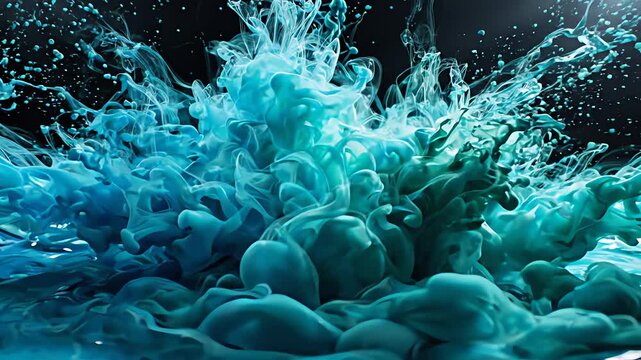 Cyan Ink Droplets Expanding Into Clear Liquid Against Dark Backdrop