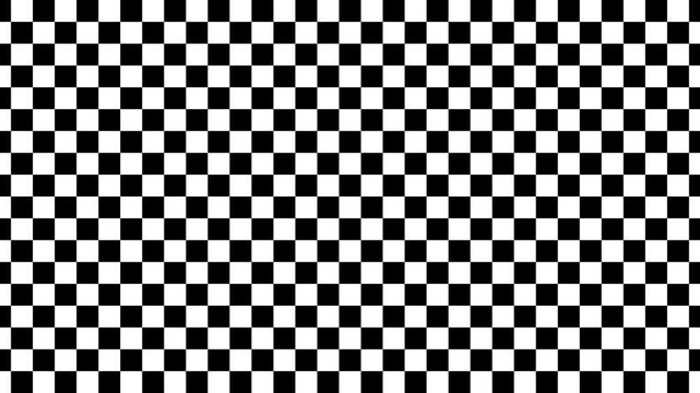 Slow black and white checkerboard moves right in a seamless optokinetic loop. Geometric motion supports vestibular training, visual tracking, neurology, and medical education.