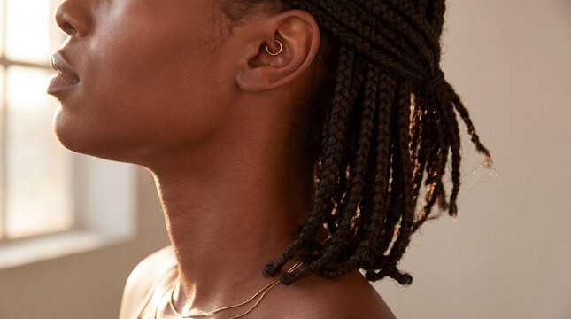 Woman profile side view with box braids and daith piercing catching soft sunlight, natural beauty