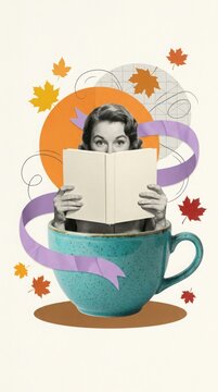 Woman peeking over book in oversized teacup during autumn with falling leaves