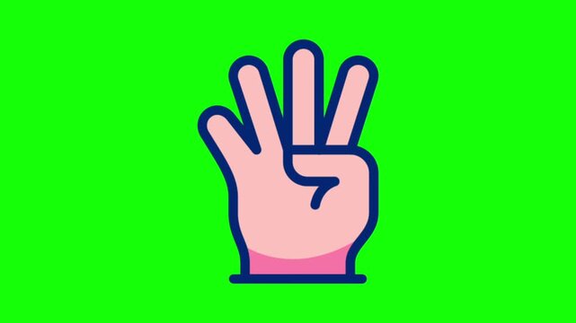Animated cartoon hand gesture showing four fingers up on green screen background for video editing keying