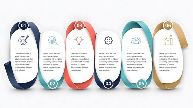 Modern 6 steps business infographic banner, colorful ribbon options timeline chart, process workflow diagram graphic for presentation design