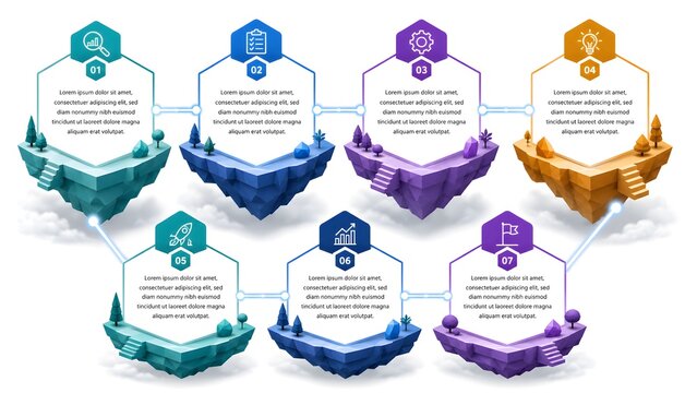 Isometric infographic template with 7 steps, business process diagram workflow, colorful low poly floating island presentation vector graphics