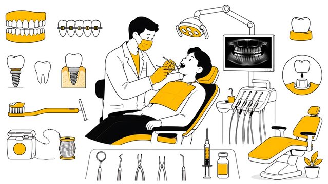 Minimalist, black-and-white characters with yellow dentures, braces, implant, toothbrush, dentist, chair, xray, floss, syringe, crown and tools
