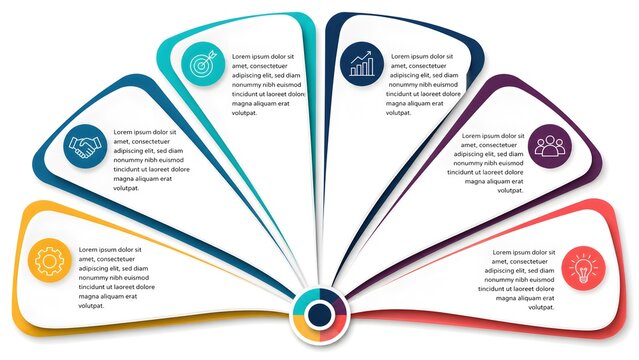 Modern infographic template with 6 options, colorful fan process diagram layout for business presentations