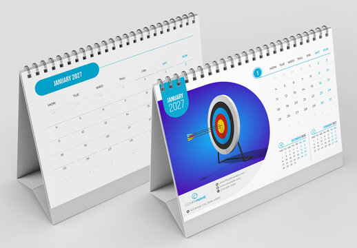 Desk Calendar Planner Layout with Blue Accents
