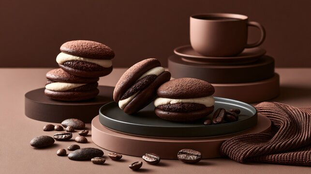 A monochromatic espresso-toned composition featuring tiramisu whoopie pies against layered shades of mocha, cocoa, and coffee brown with sophisticated editorial styling
