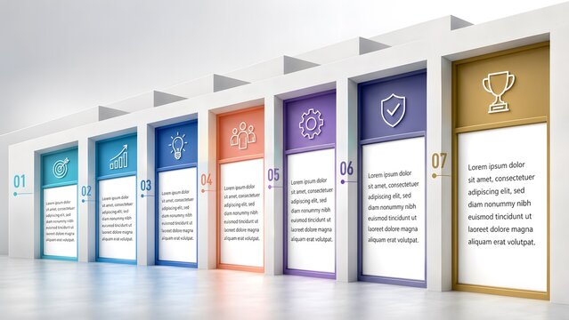 Modern 3D business infographic template with 7 steps, colorful architectural columns with icons and text placeholders for corporate presentations