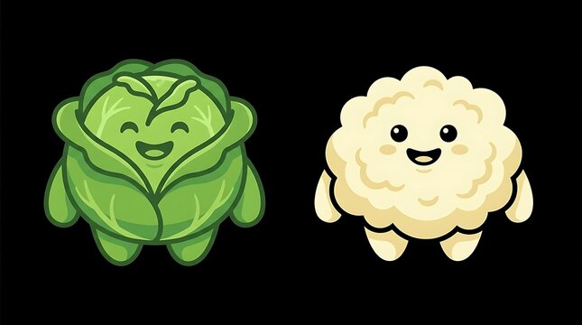 Smiling cabbage and cauliflower vegetable mascot characters.