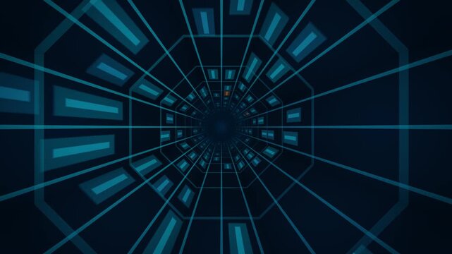 Geometric blue data tunnel with hexagonal perspective panels creates immersive digital processing visualization. Glowing grid patterns flow toward vanishing points representing information networks.