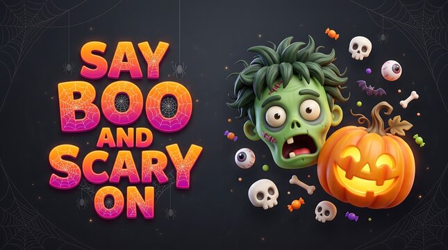 3d halloween illustration featuring cartoon zombie head jack o lantern pumpkin with gradient colored text conveys festive holiday message playful whimsical aesthetic