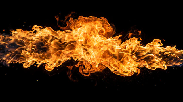 Fiery Red Orange Flames Burning on Black Background, Abstract Hot Blaze and Bright Fire Energy Isolated in Darkness