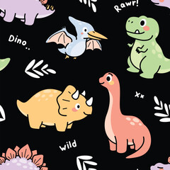 Cartoon Dinosaur Pattern Black Background © atap