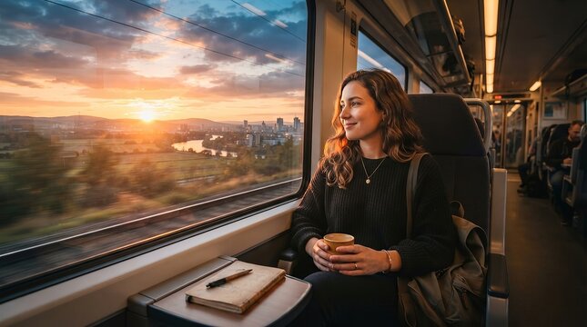 Woman enjoying sunset view from train window with notebook and coffee
