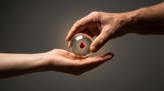 Hands holding a glass sphere with a red blood drop for world blood donor day poster and healthcare awareness banner background