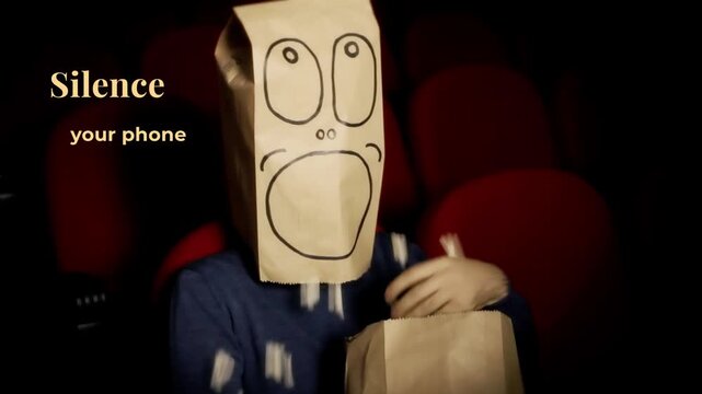 Someone wearing paper bag with drawn face eats popcorn in dark theater seats. Quirky comedy aesthetic as important Silence your phone text appears. Humor for cinema announcements.