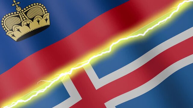 Two waving flags Liechtenstein and Iceland with diagonal lightning seamless, 4k loop
