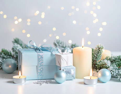 Blue Christmas gift box silver ribbon burning candles frosted pine branches sparkling baubles winter holiday magic snowy background bokeh lights celebration mood