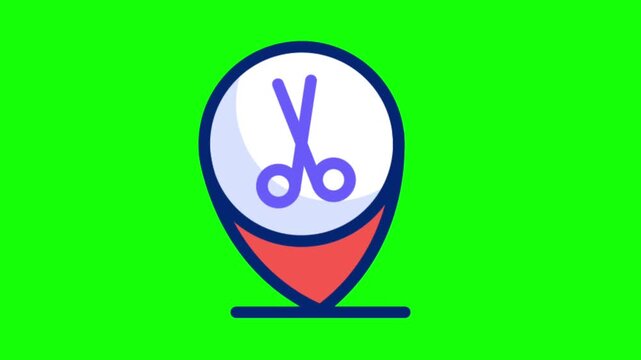 Animated Barber Shop Map Pin Icon with Scissors Displayed on Green Screen Background for Salon Location