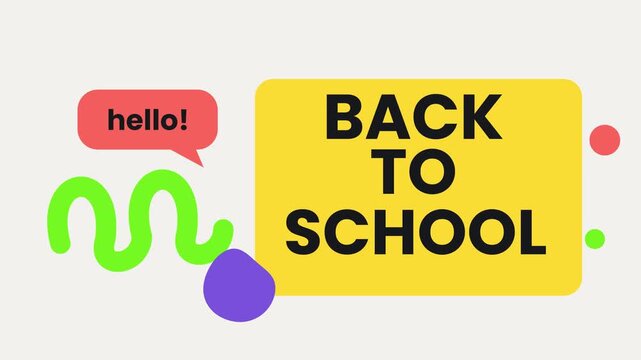 Back to school doodle animation with hello speech bubble, squiggle line and colorful shapes in flat cartoon style