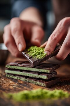 Closeup dark chocolate bars layered with green matcha powder and hands for world chocolate day banner and product background