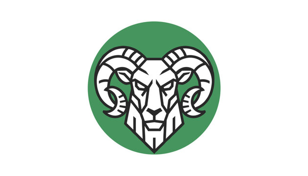 Bold black and white line illustration of a ram head with large curled horns inside a solid green circular background.