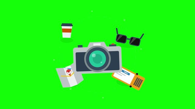 Travelling flat icons pattern animation on green screen background