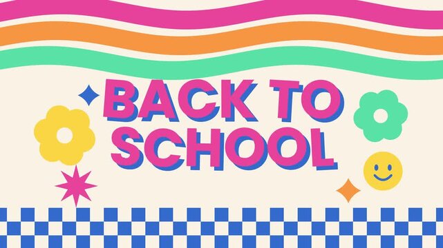 Back to school retro groovy text reveal animation with wavy stripes, doodle flowers and checkered pattern